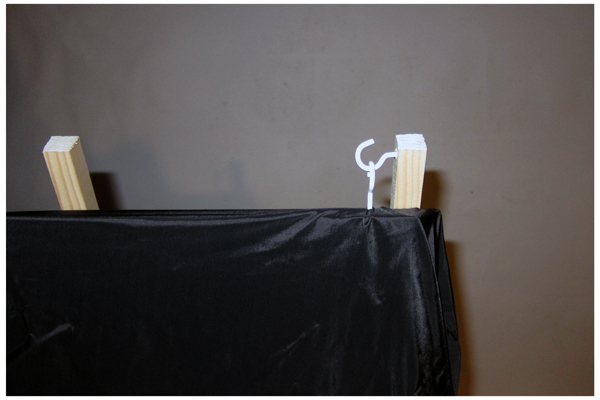 darkbox-opened-closeup Darkbox Front - Fully opened - Here you can see how the dark cloth is being attached to the wooden pillar attached to the box to keep it open during working